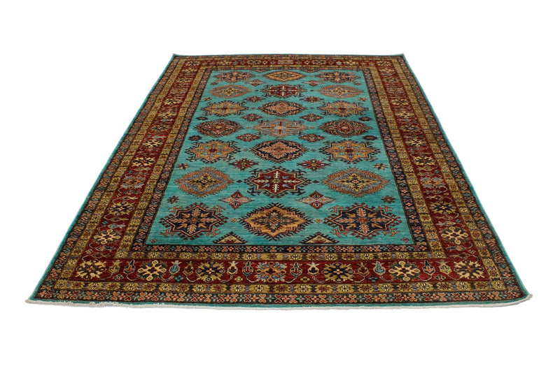 Vintage Handmade 7x10 Turquoise and Red Anatolian Caucasian Tribal Distressed Area Rug