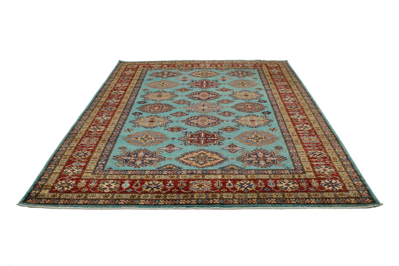 7x10 Turquoise and Red Kazak Tribal Rug