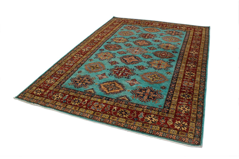 7x10 Turquoise and Red Kazak Tribal Rug