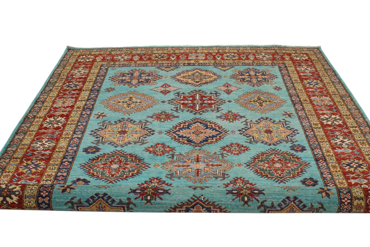 7x10 Turquoise and Red Kazak Tribal Rug
