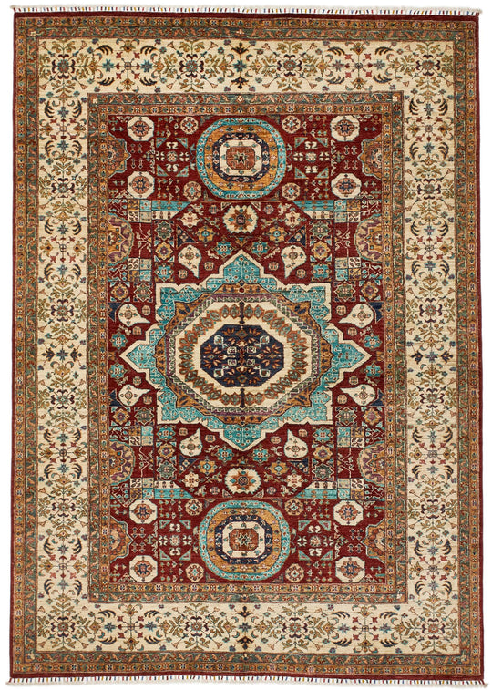 7x9 Red and Ivory Turkish Tribal Rug