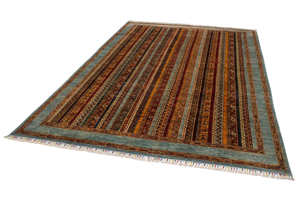 7x10 Multicolor and Blue Turkish Tribal Rug