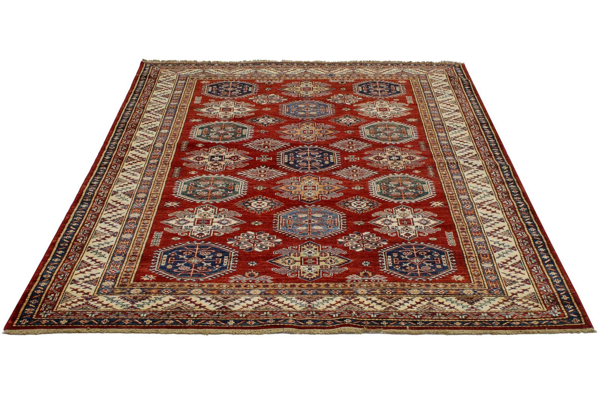 6x9 Red and Ivory Kazak Tribal Rug