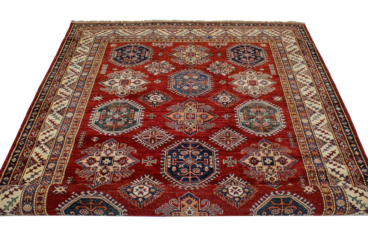 6x9 Red and Ivory Kazak Tribal Rug