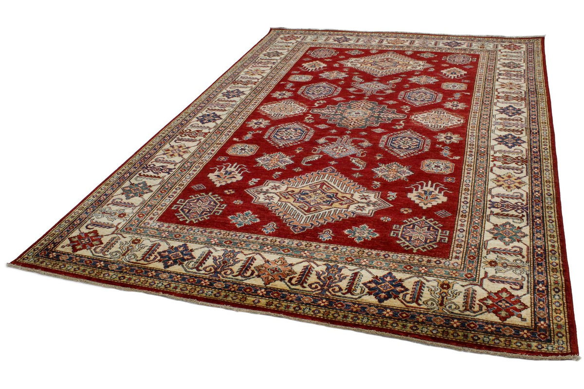7x10 Red and Ivory Kazak Tribal Rug