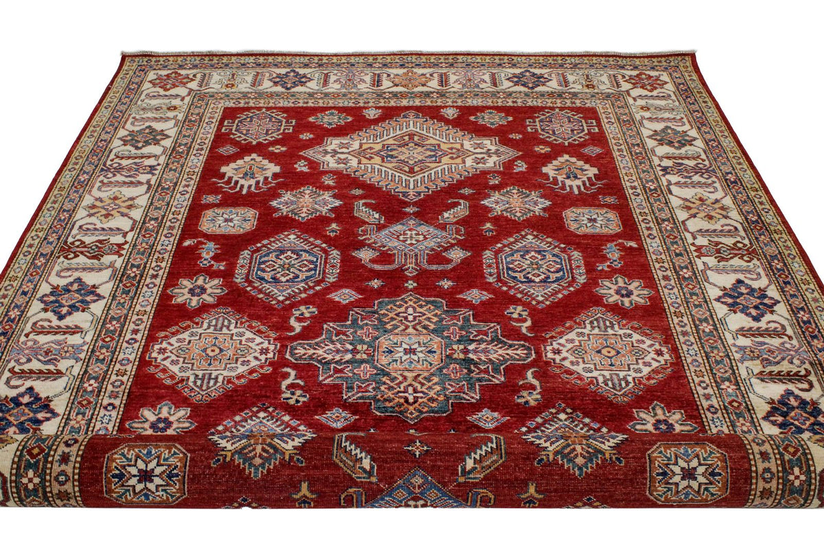 7x10 Red and Ivory Kazak Tribal Rug