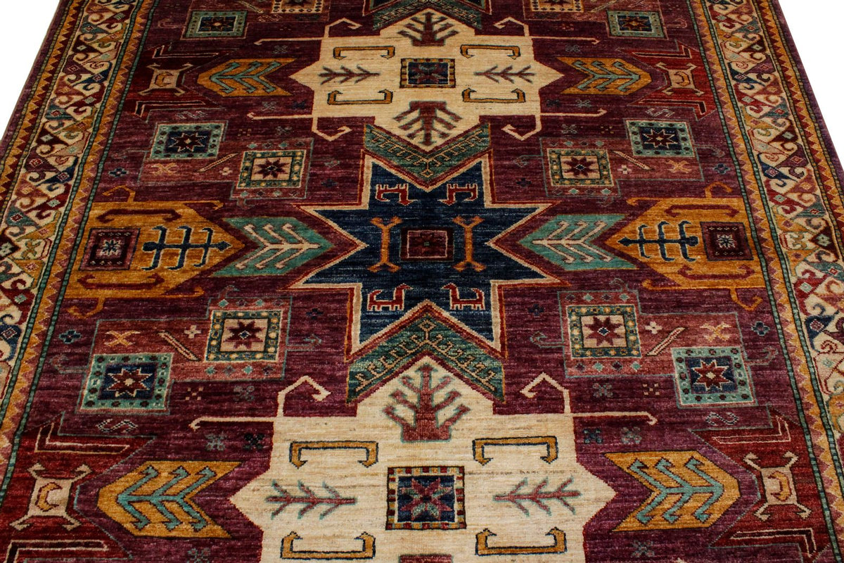 6x8 Purple and Ivory Turkish Tribal Rug
