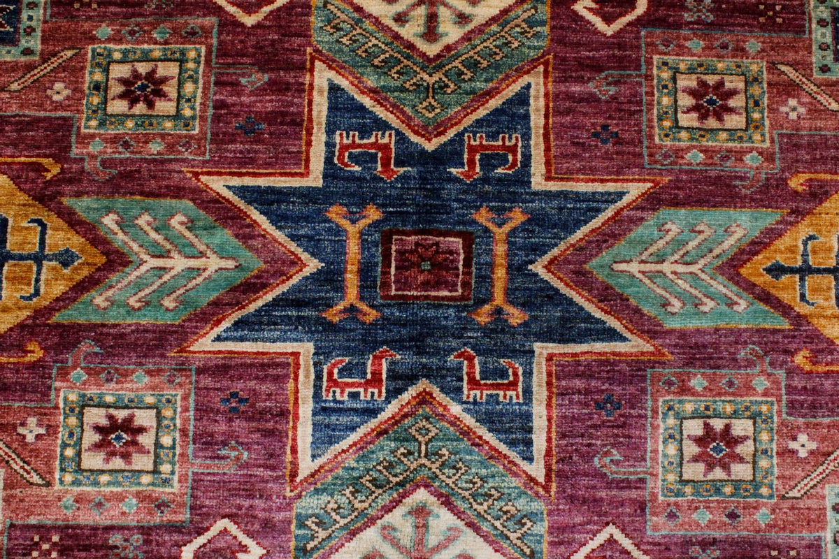 6x8 Purple and Ivory Turkish Tribal Rug