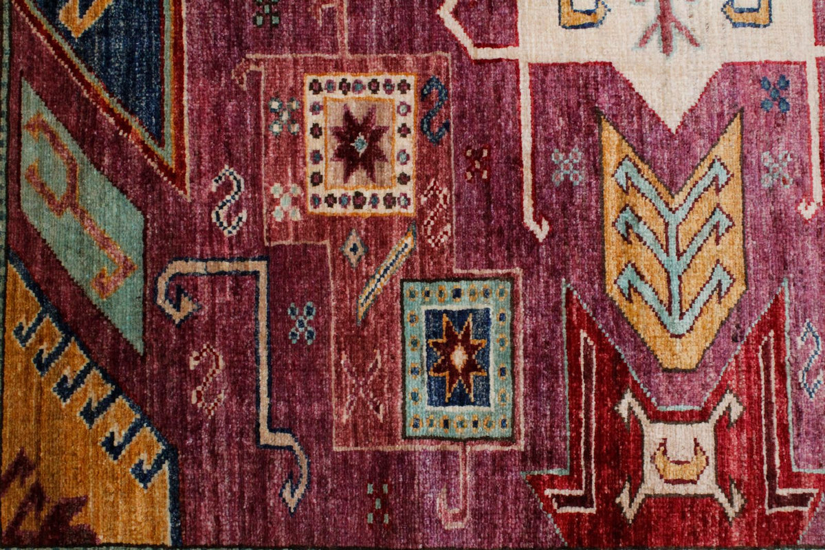 6x8 Purple and Ivory Turkish Tribal Rug