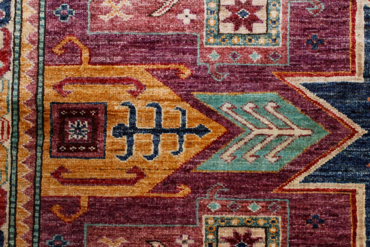 6x8 Purple and Ivory Turkish Tribal Rug