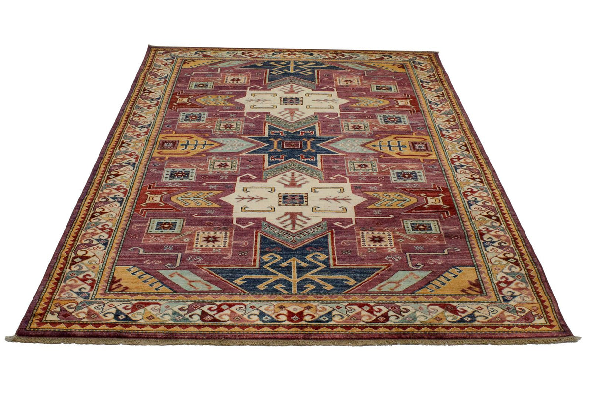 6x8 Purple and Ivory Turkish Tribal Rug