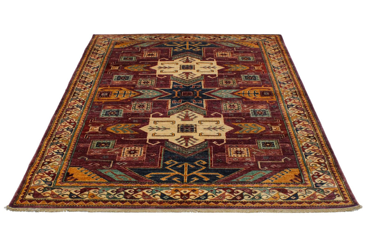 6x8 Purple and Ivory Turkish Tribal Rug