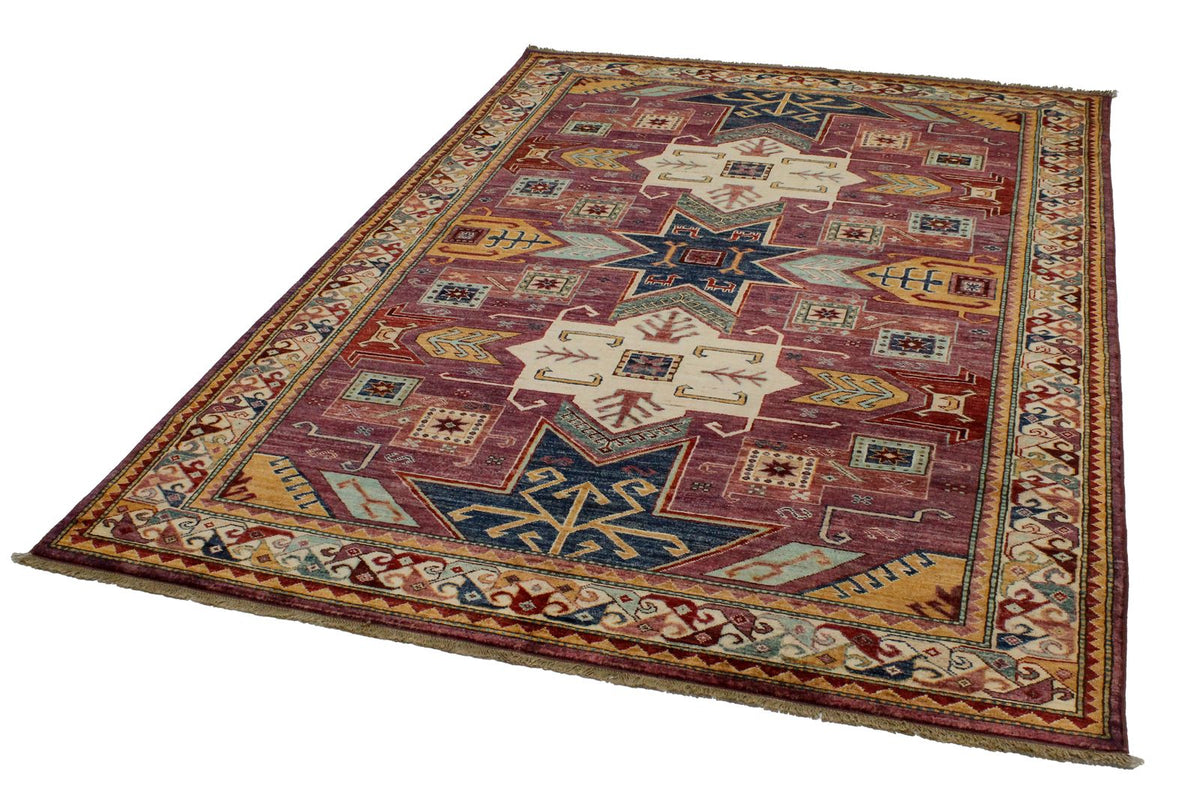 6x8 Purple and Ivory Turkish Tribal Rug