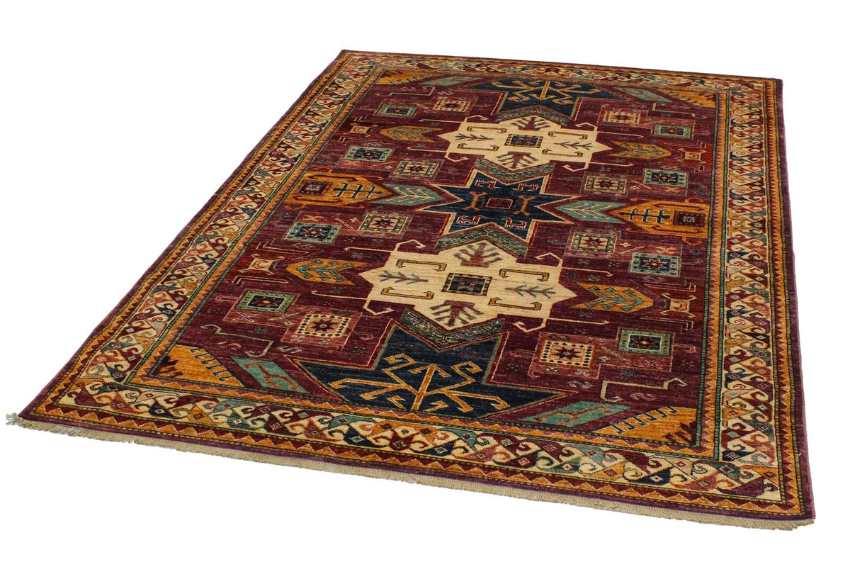 6x8 Purple and Ivory Turkish Tribal Rug