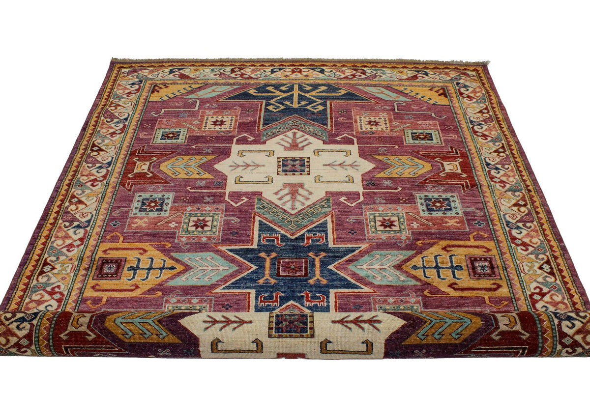 6x8 Purple and Ivory Turkish Tribal Rug