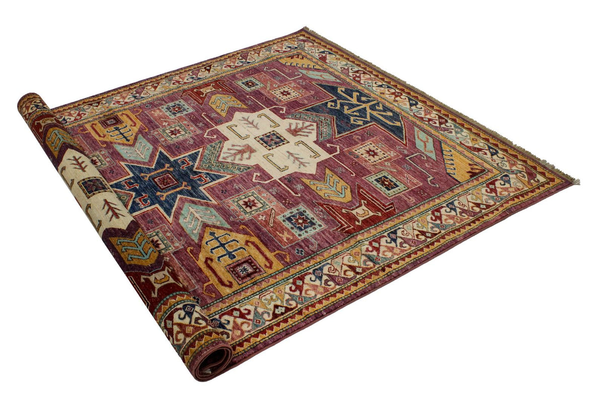 6x8 Purple and Ivory Turkish Tribal Rug