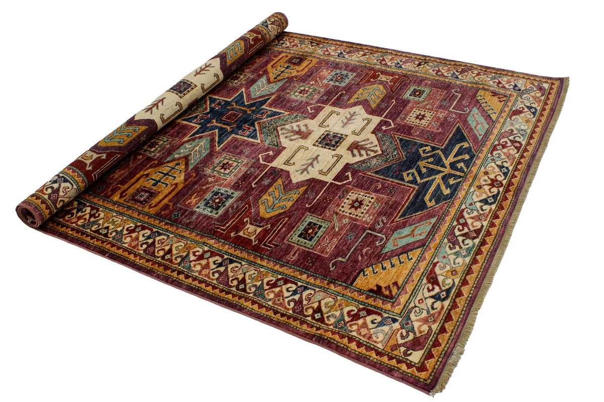 6x8 Purple and Ivory Turkish Tribal Rug