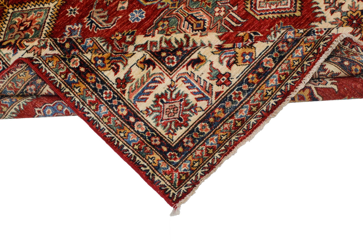 6x8 Red and Ivory Kazak Tribal Rug