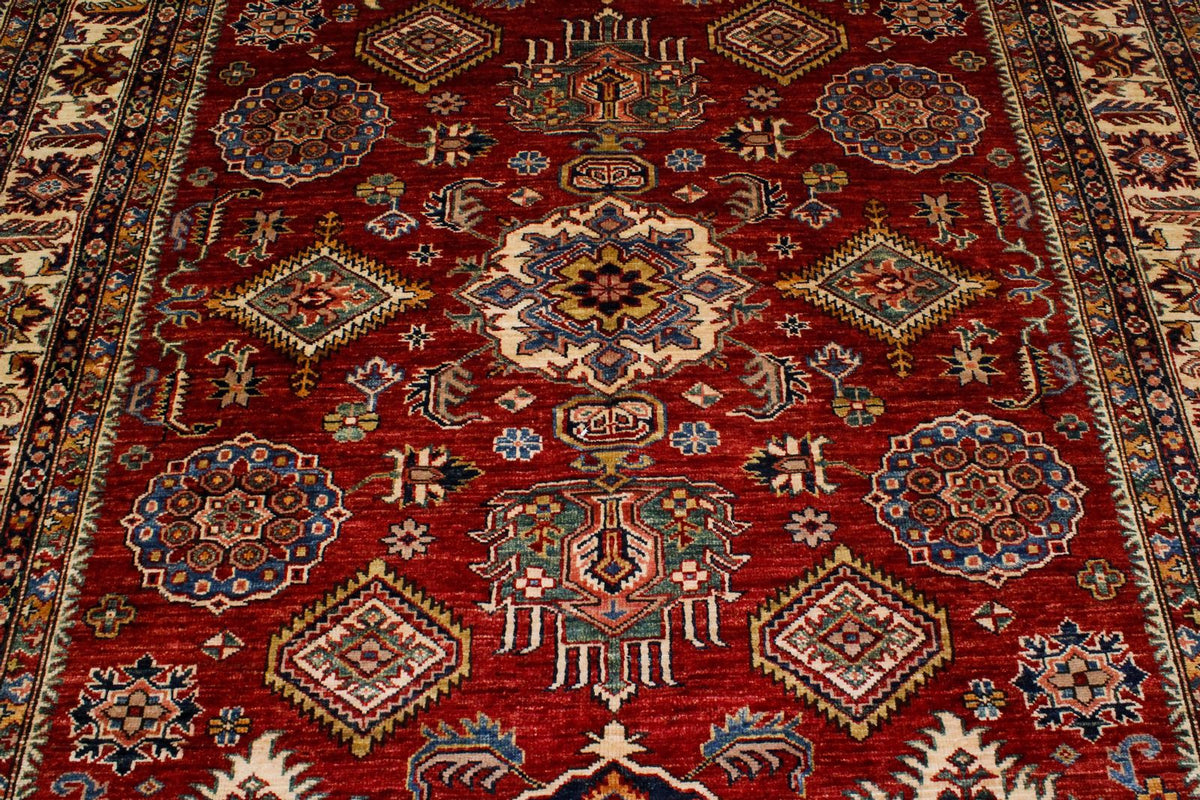 6x8 Red and Ivory Kazak Tribal Rug