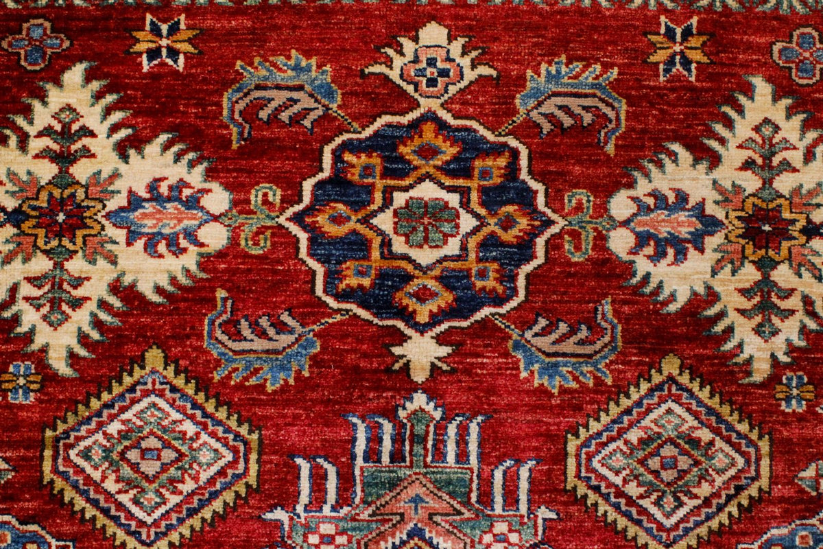 6x8 Red and Ivory Kazak Tribal Rug