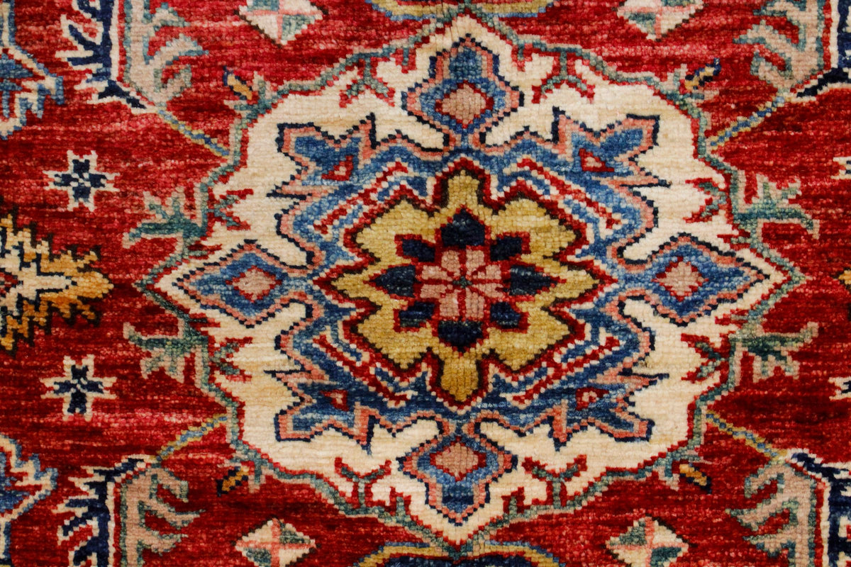 6x8 Red and Ivory Kazak Tribal Rug