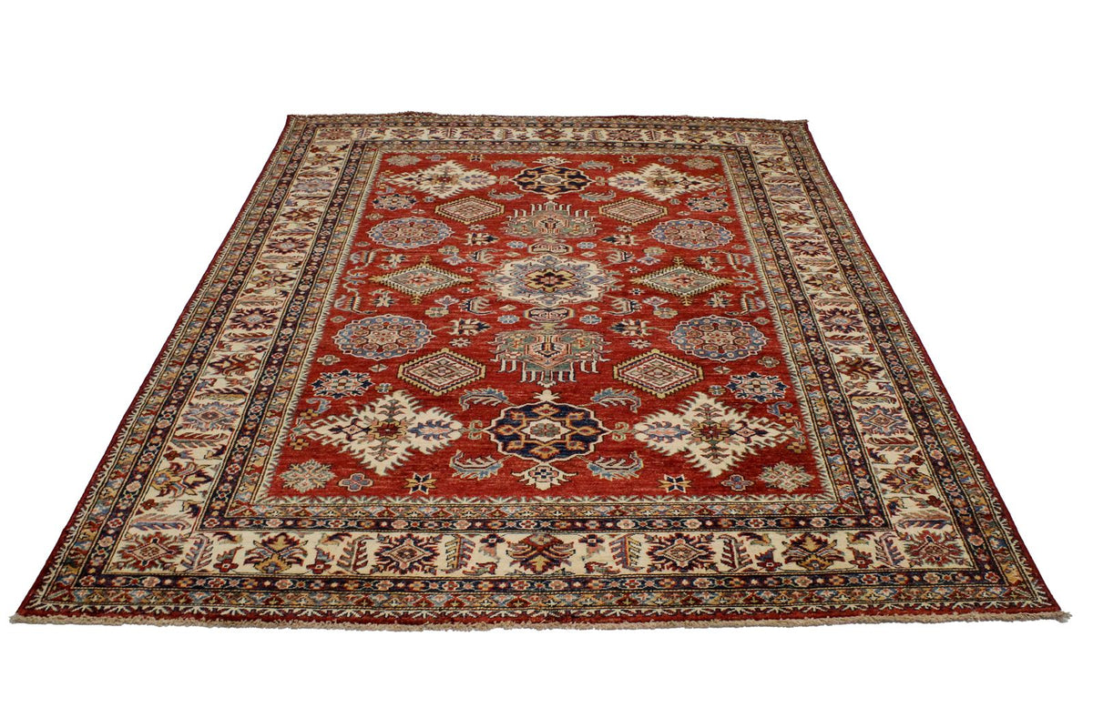 6x8 Red and Ivory Kazak Tribal Rug