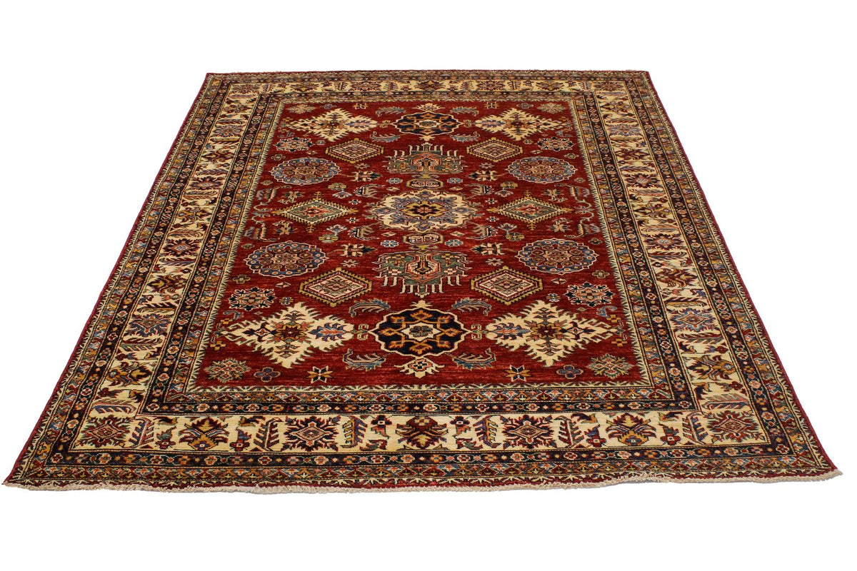 6x8 Red and Ivory Kazak Tribal Rug