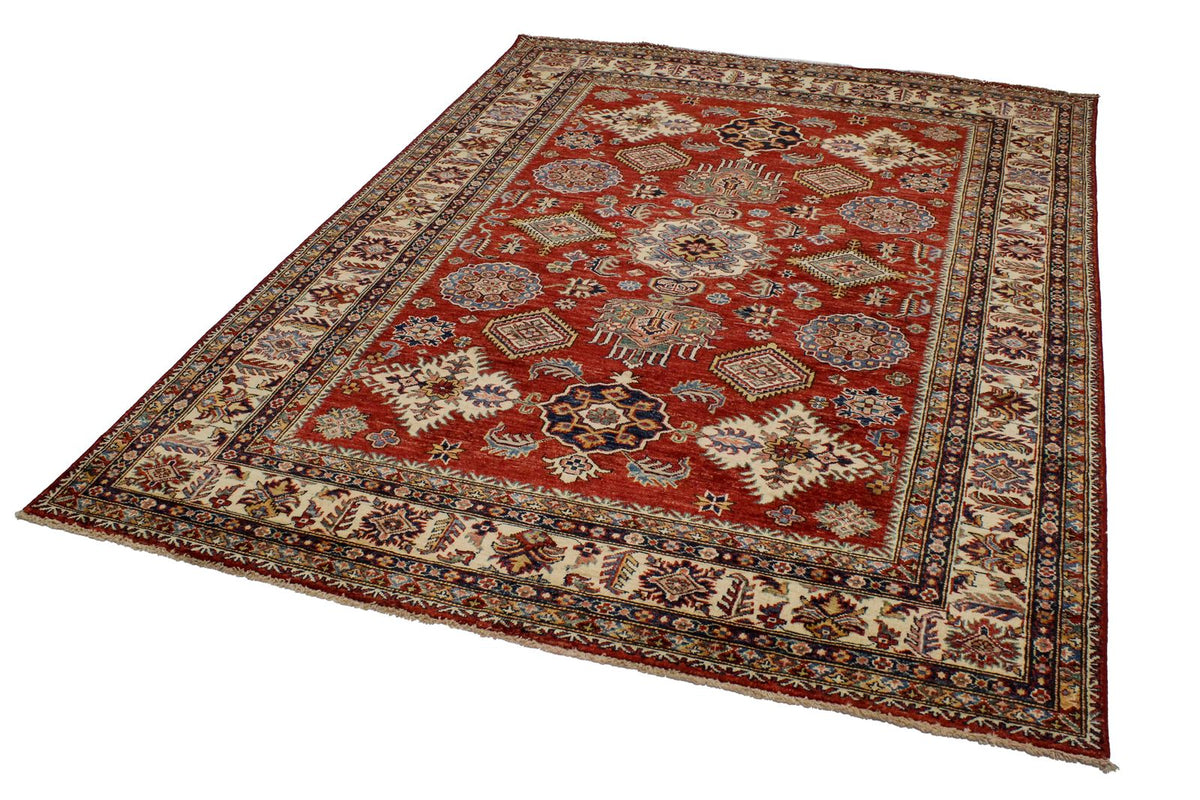 6x8 Red and Ivory Kazak Tribal Rug