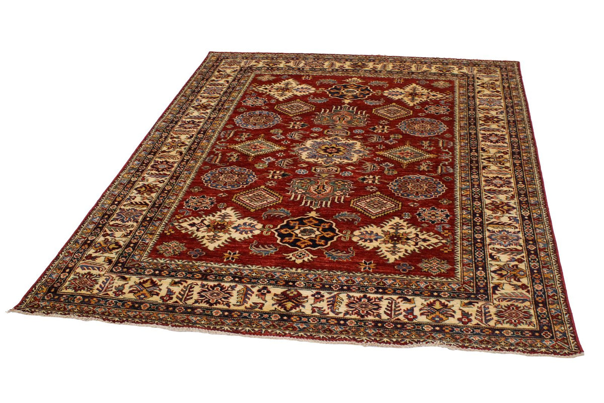 6x8 Red and Ivory Kazak Tribal Rug