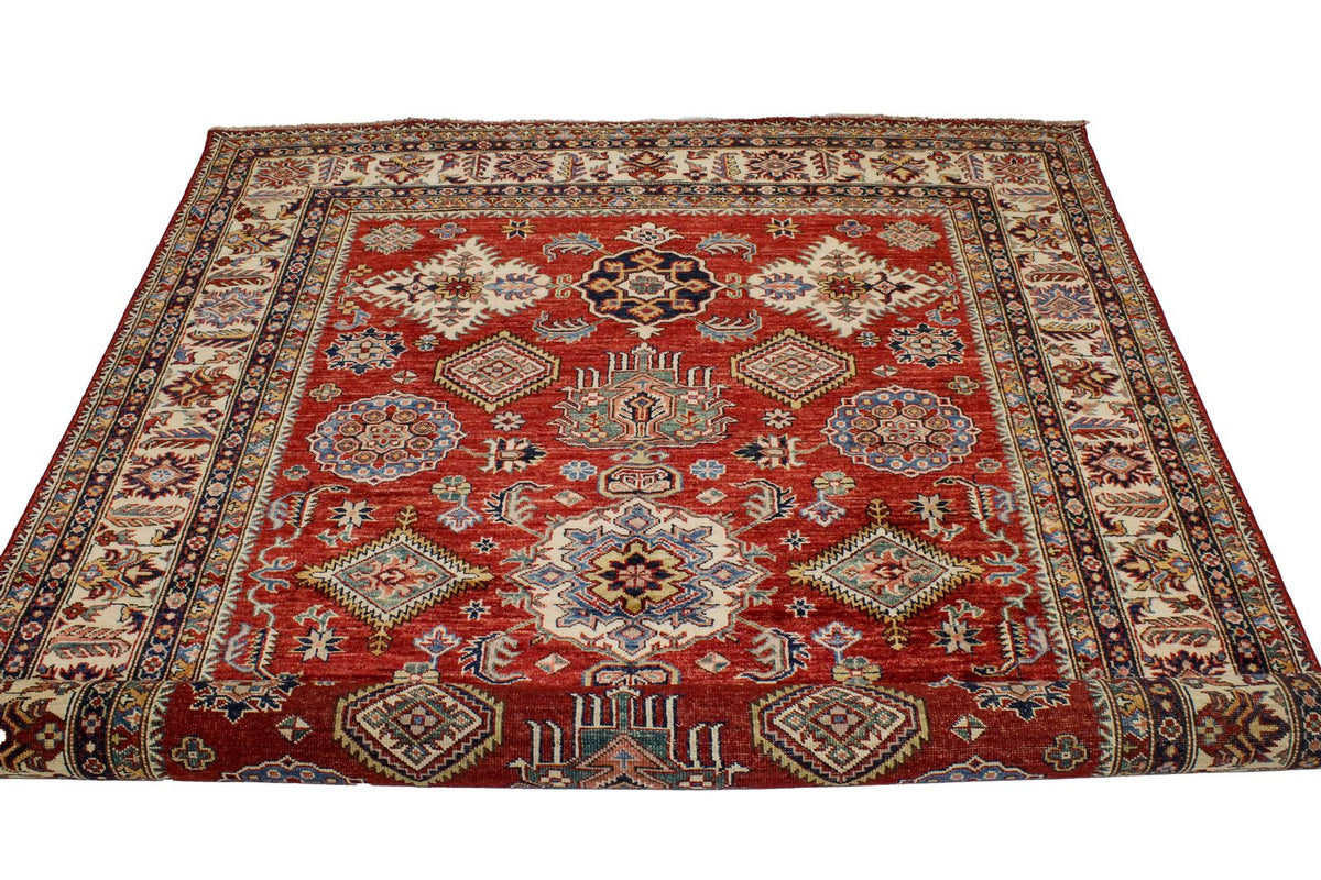 6x8 Red and Ivory Kazak Tribal Rug