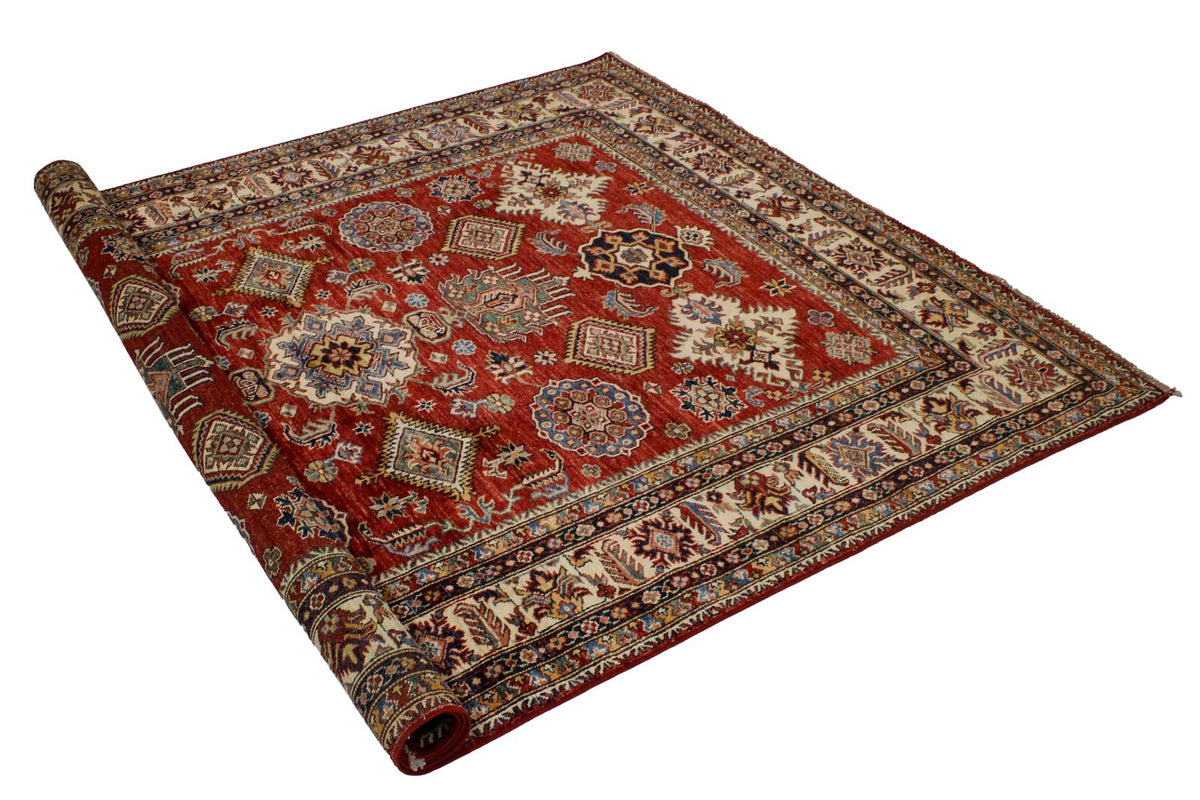 6x8 Red and Ivory Kazak Tribal Rug
