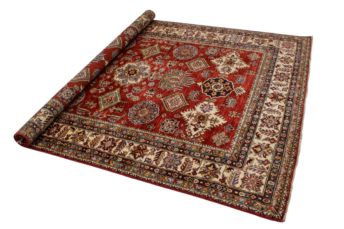 6x8 Red and Ivory Kazak Tribal Rug