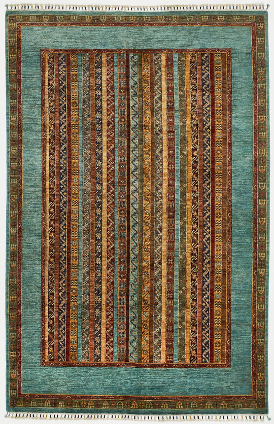 6x10 Green and Multicolor Turkish Tribal Rug