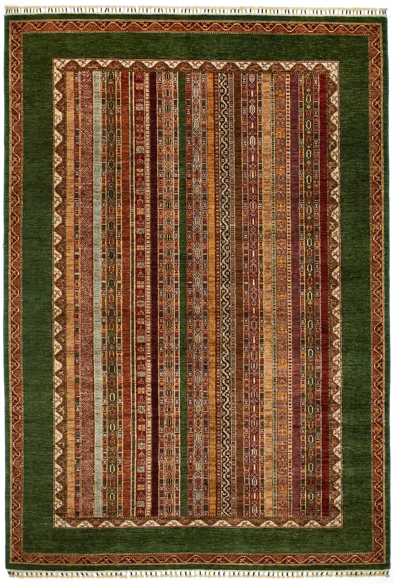 7x10 Green and Multicolor Turkish Tribal Rug