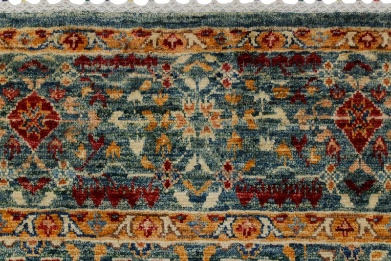 6x8 Green and Multicolor Turkish Tribal Rug