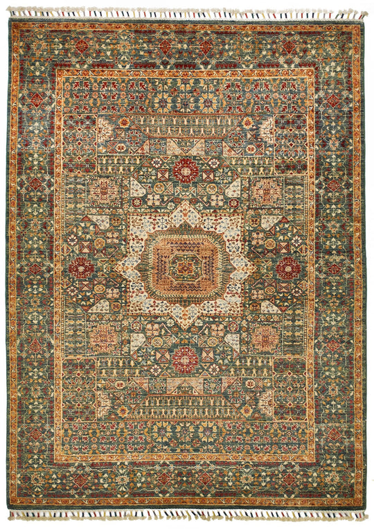 6x8 Green and Multicolor Turkish Tribal Rug