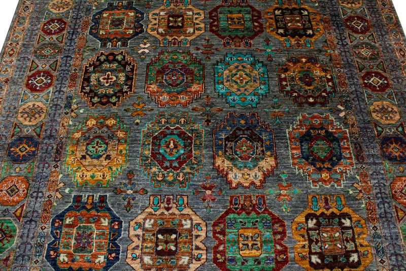 6x8 Gray and Multicolor Turkish Tribal Rug