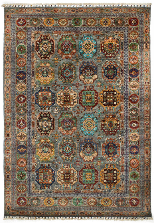 6x8 Gray and Multicolor Turkish Tribal Rug