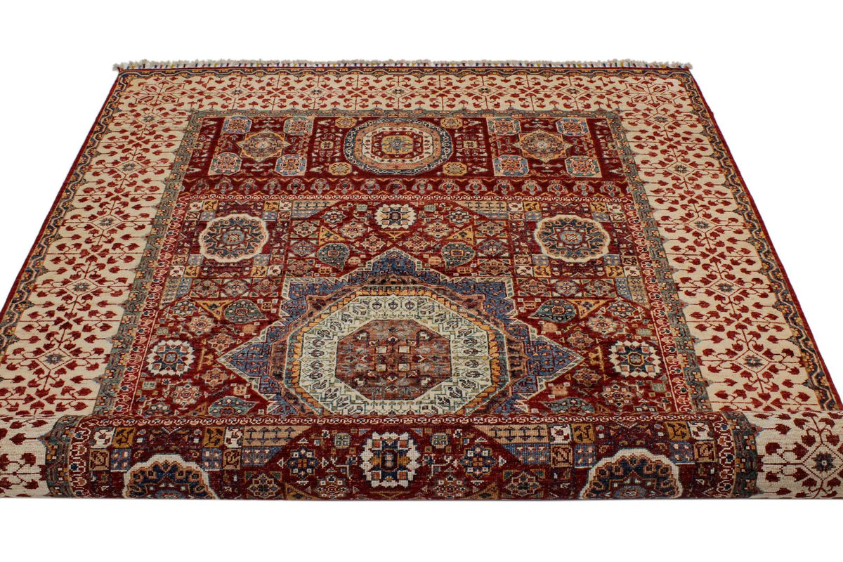 6x8 Red and Ivory Turkish Tribal Rug
