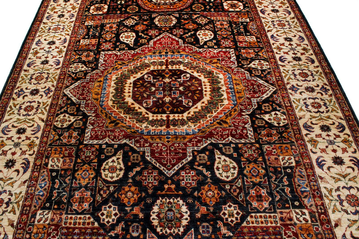 6x9 Navy and Ivory Turkish Tribal Rug