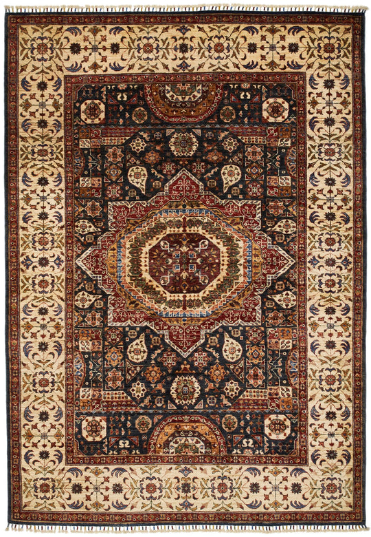 6x9 Navy and Ivory Turkish Tribal Rug