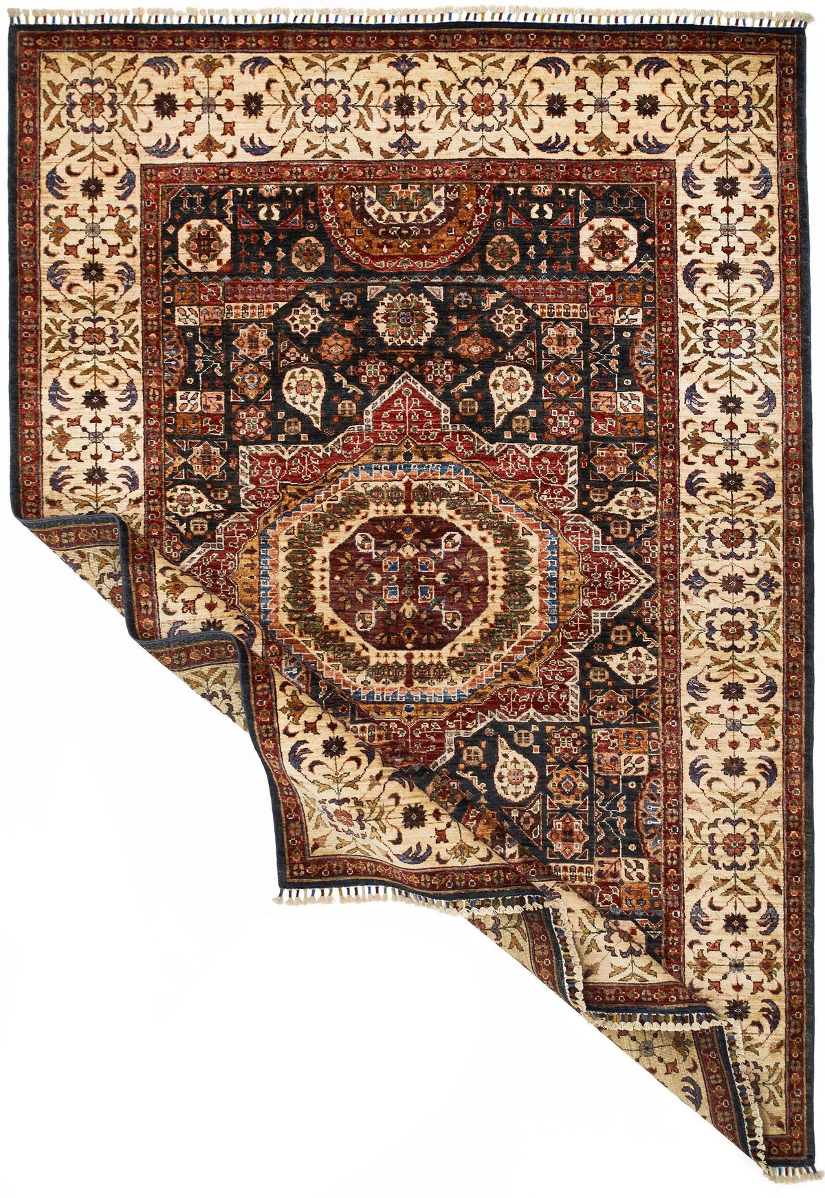 6x9 Navy and Ivory Turkish Tribal Rug