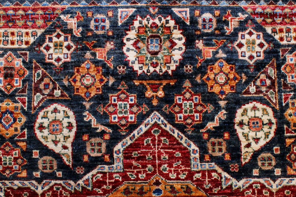 6x9 Navy and Ivory Turkish Tribal Rug