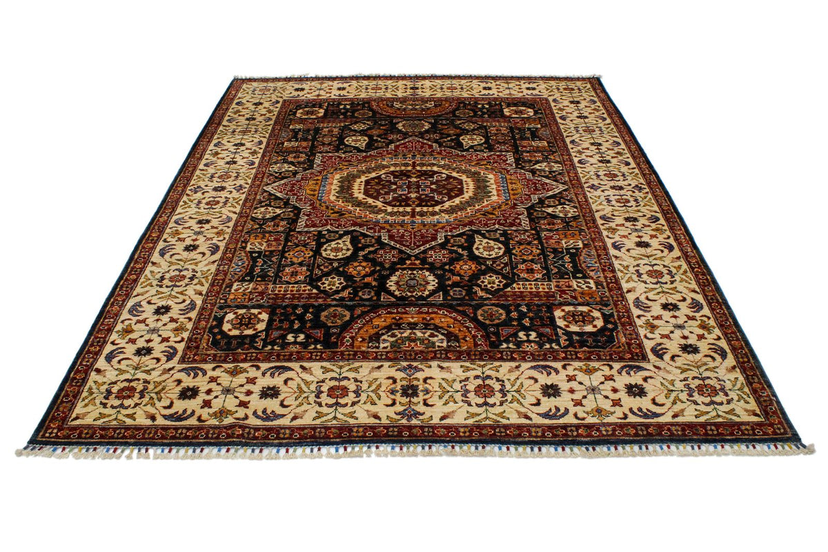 6x9 Navy and Ivory Turkish Tribal Rug