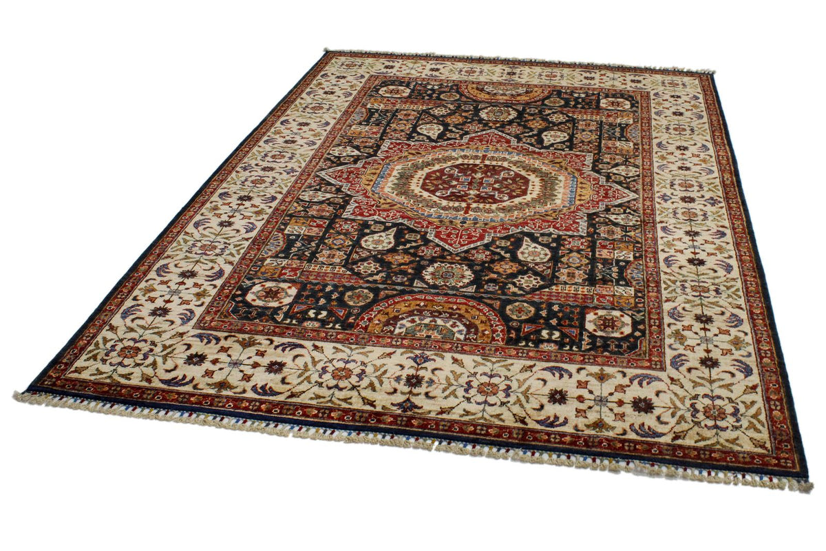6x9 Navy and Ivory Turkish Tribal Rug