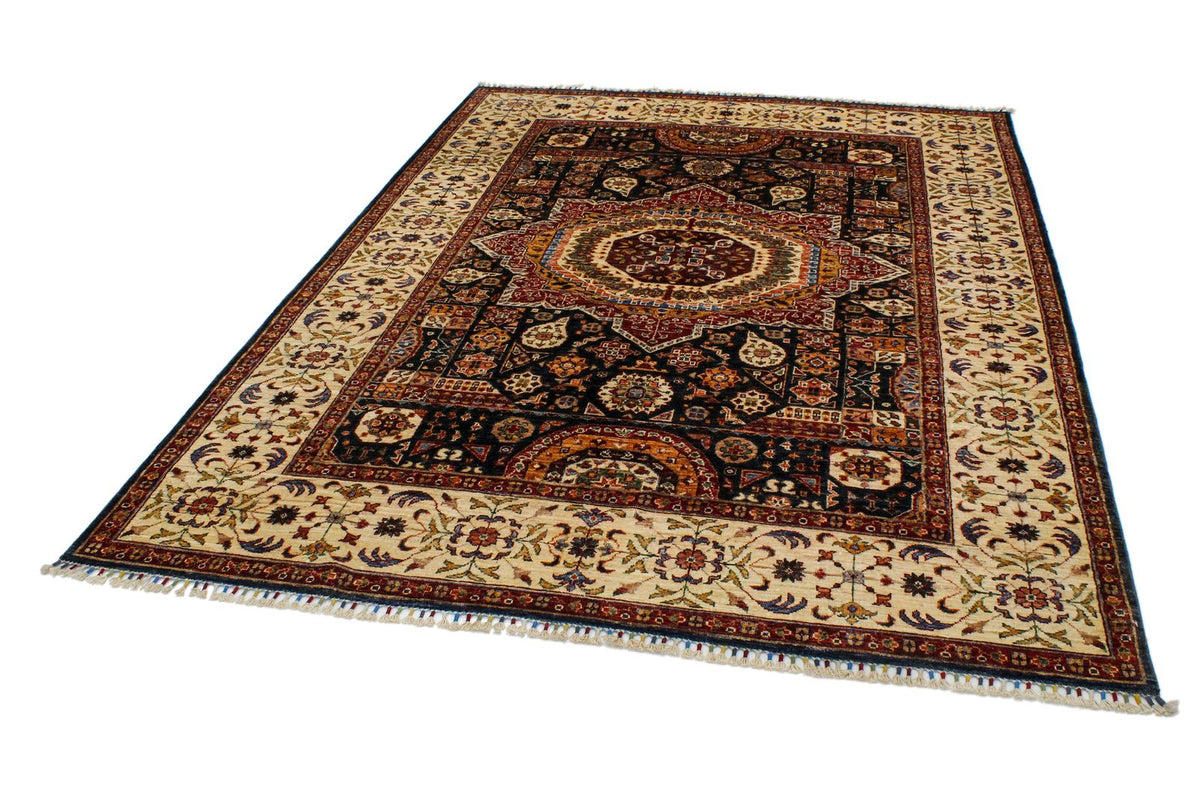 6x9 Navy and Ivory Turkish Tribal Rug