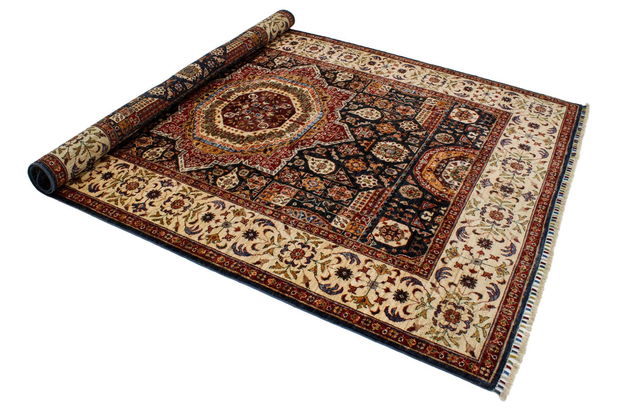 6x9 Navy and Ivory Turkish Tribal Rug