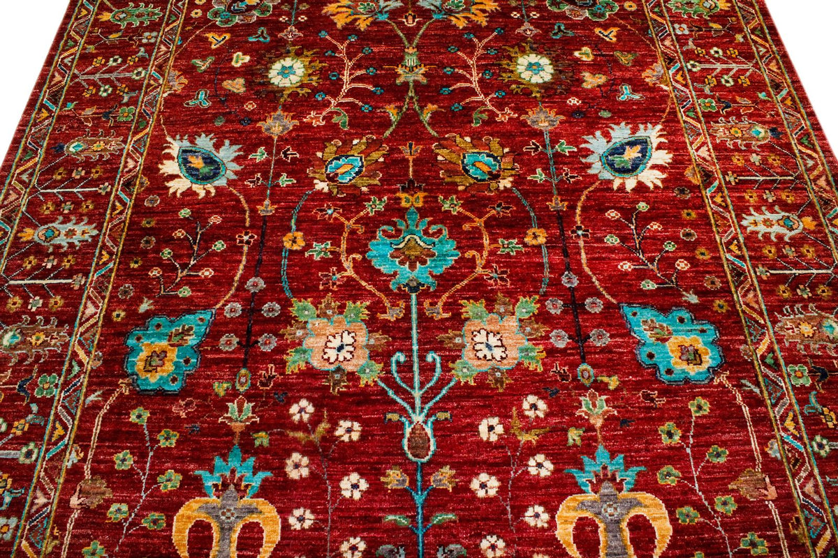 6x8 Red and Multicolor Turkish Tribal Rug