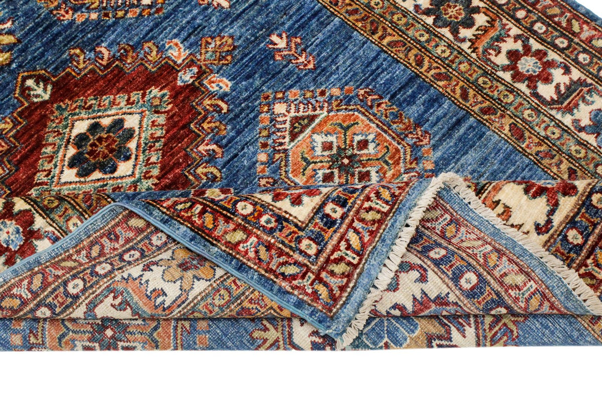 4x6 Blue and Ivory Kazak Tribal Rug