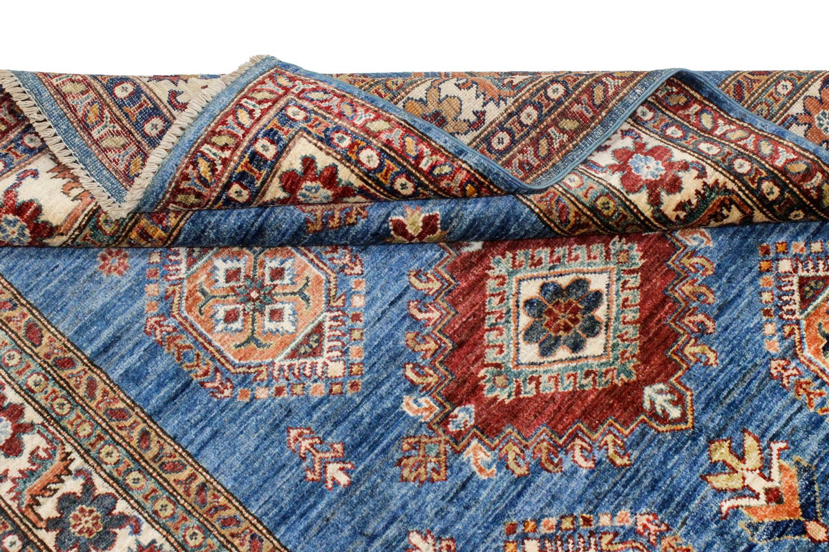 4x6 Blue and Ivory Kazak Tribal Rug